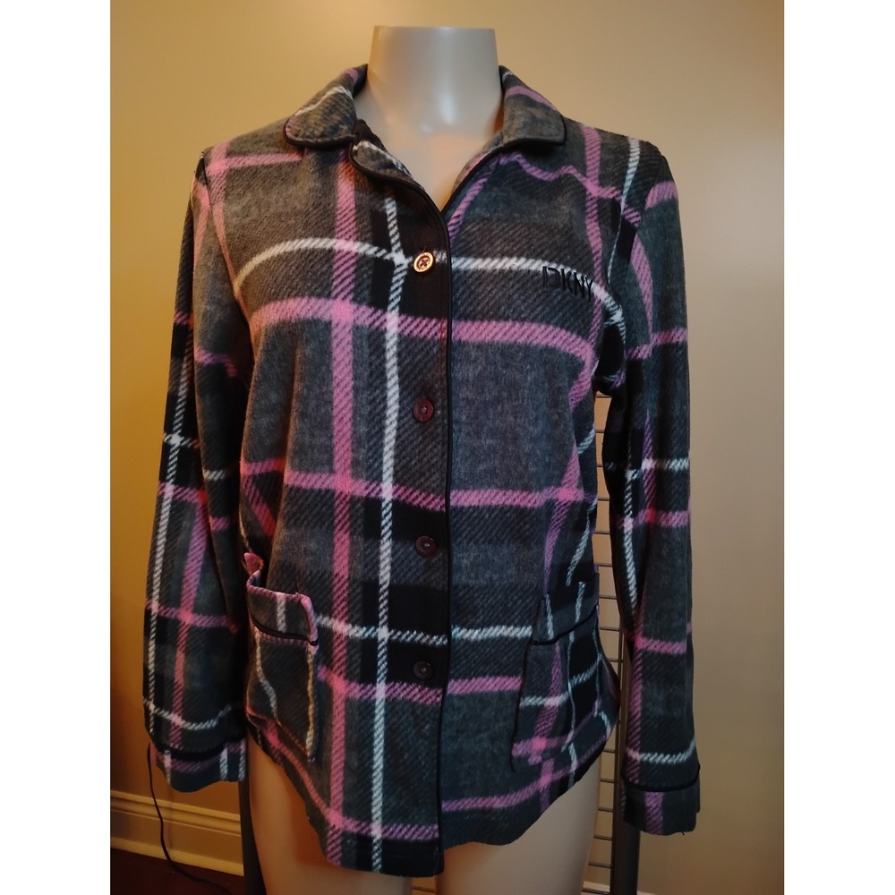 DKNY Women Pink Grey Plaid Fleece Shacket Jacket Button Front Size M